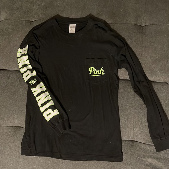 PINK - Black Oversized Long-Sleeve T-shirt with Neon Green Lettering - Picture 2 of 3
